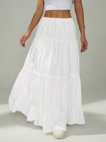 SHEIN PETITE 女式纯色腰带荷叶边下摆休闲裙 - 白色 - 查看 4