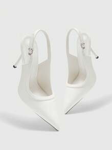 CUCCOO BIZCHIC 女式尖头细高跟鞋白色镜面 PU 皮革浅口鞋，简约时尚通勤百搭派对正装鞋，带踝带 - 白色 - 查看 9