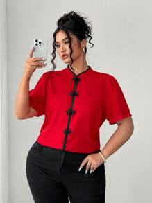 Elenzga 大码女式时尚休闲优雅立领纽扣衬衫 - 紅色 - 查看 5