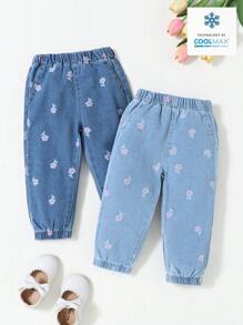 Set de 2 piezas de jeans de cintura elástica con volantes y estampado floral para niña bebé - Multicolor - Ver 5