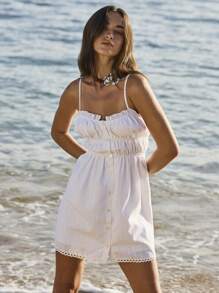 Aralina Robe d'été à mini-longueur, à bretelles fines, à boutons devant et plissée pour la plage - Vert - Voir 1