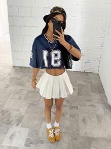 StreetHx 女式休闲宽松数字印花 V 领短袖 T 恤上衣，春夏 - 藏蓝色 - 查看 5