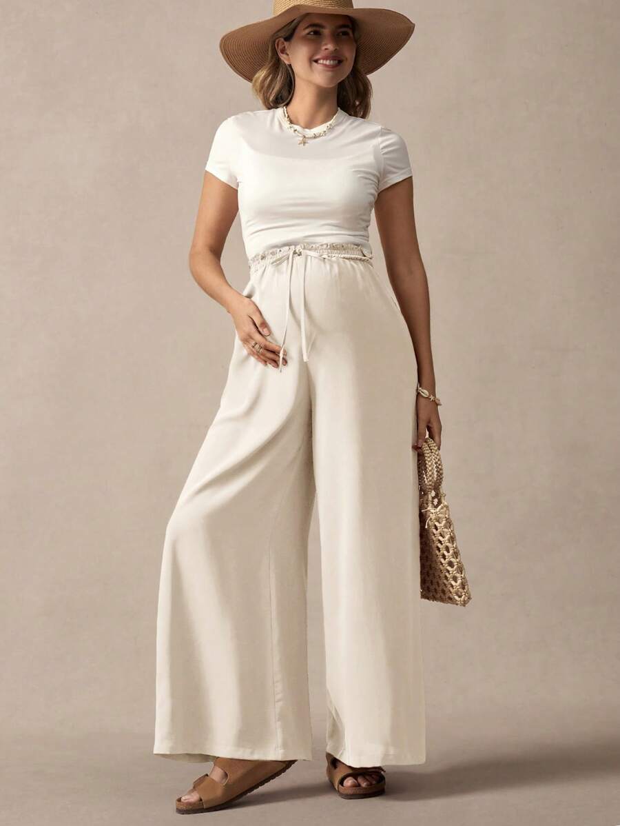 SHEIN Bowknot Maternity Pants, Simple Stylish Design Suitable For Summer - Apricot - View 1