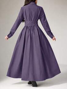 Women's Solid Front Button Long Sleeve Simple Casual Long Arabic Style Dress, Modest - Purple - View 5