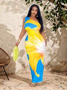 Veslaya Plus Size Slim Fit Long Casual Shoulder Print Vacation Dress, Spring/Summer - Blue - View 10