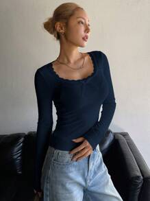 DAZY Solid Color Lace Patchwork Slim Fit Long Sleeve Women T-Shirt