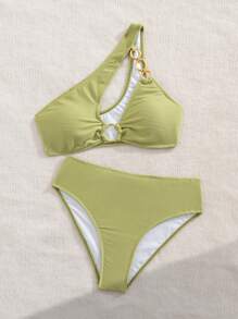 Swim SXY Set Baju Renang Bikini Seksi Wanita Musim Panas untuk Pantai, Warna Polos, dan Potongan - Olive Green - View 4