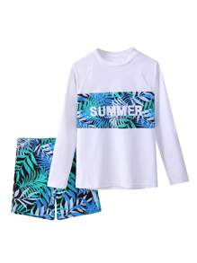 Tween Boy Tropical Plants Print Long Sleeve Rashguard And Swim Trunks Set - Multicolor - View 4