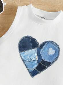SHEIN Young Girl Casual Simple Patchwork Vintage Street Heart Graphic Crew Neck Tank Top, Suitable For Summer - White - View 4
