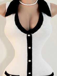 Mistrie 黑白收腰女式毛衣裙，撞色领口迷你针织毛衣裙，休闲性感春夏女装，满足基本旅行需求 - 黑與白 - 查看 5