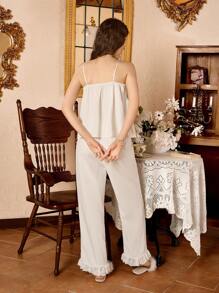 2pcs/Set Women Spaghetti Strap Ruffle Hem Pajama Set - White - View 3