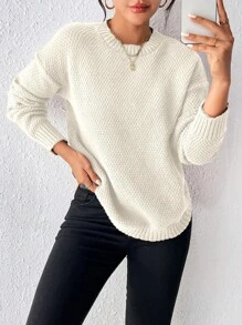 EMERY ROSE Women's Solid Color Long Sleeve Round Neck Simple Fashion Pullover Sweater Knit Pullover Fall Winter - Beige - View 6