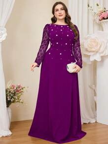 Coutiva 加大码优雅针织连衣裙，撞色蕾丝和泡泡袖，正式、派对礼服、晚礼服、婚礼宾客礼服