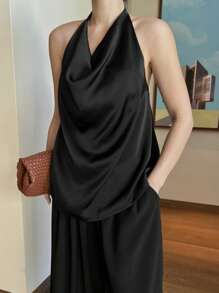 DAZY Women's Solid Color Fashionable Loose Draped Neck Top - Black - View 6