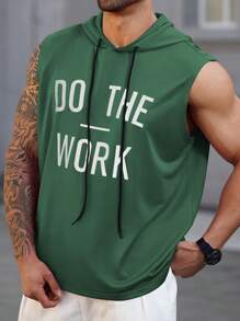 Manfinity Homme Plus Size Men's Slogan Printed Drawstring Casual Hooded Tank Top - Green - View 5