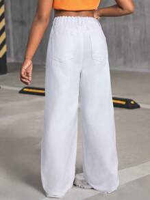 SHEIN SLAYR KIDS 少女 Y2K 白色春夏街头风破洞阔腿牛仔裤，春夏休闲度假乡村波西米亚风，适合少女海滩穿着，西部街头风，春假狂欢节牛仔裤 - 白色 - 查看 2