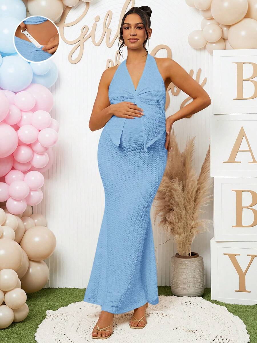 Loomaby 2pcs/Set Maternity Dress For Gender Reveal & Baby Shower Party - Blue - View 1