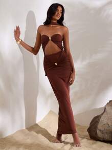 Opulessa 1 件女式纯色针织镂空修身鱼尾连衣裙 - 棕色 - 查看 2