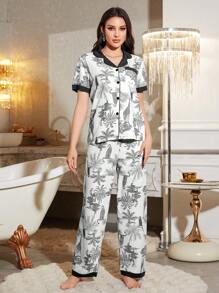 LuxeNights Women's Colorblock Bubble Texture Animal Print Pajama Set - Black - View 4