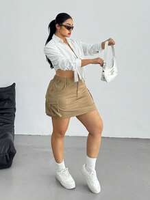 Flirla Plus Size Women's Cargo A-Line Skirt With Large Pockets, Khaki Color - Khaki - View 2