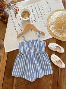 女宝宝夏季可爱休闲蓝白条纹蝴蝶结吊带连体衣 - 藍色 - 查看 2