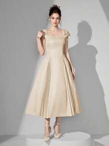 Poshira 女士正式礼服裙（重装饰）女士连衣裙女士西式连衣裙女士复活节连衣裙女士迷你连衣裙女士长袖连衣裙，毕业礼物毕业礼服，女士时尚礼服长裙，串珠设计，亮片，吊带女士夏季连衣裙，派对礼服，舞会礼服 - 杏色 - 查看 1