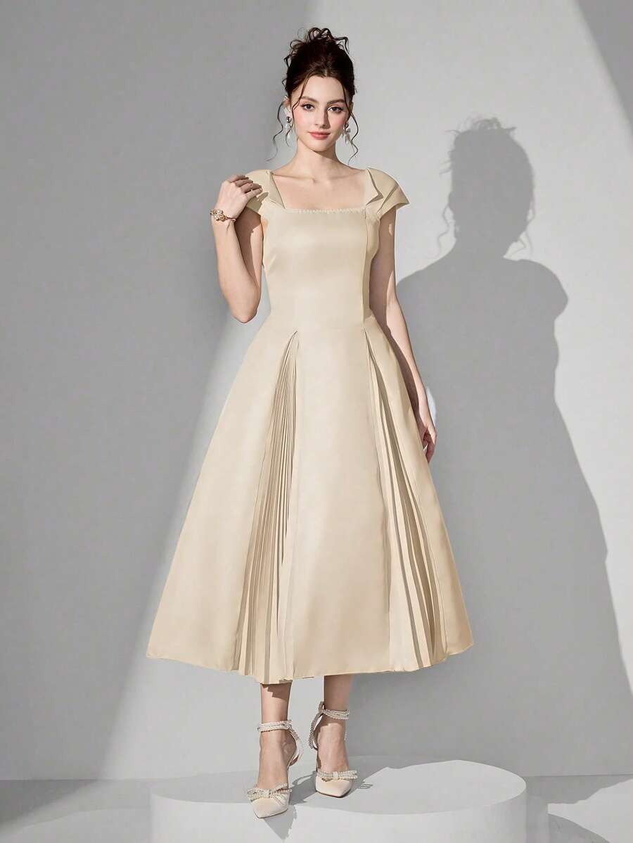 Poshira 女士正式礼服裙（重装饰）女士连衣裙女士西式连衣裙女士复活节连衣裙女士迷你连衣裙女士长袖连衣裙，毕业礼物毕业礼服，女士时尚礼服长裙，串珠设计，亮片，吊带女士夏季连衣裙，派对礼服，舞会礼服 - 杏色 - 查看 1