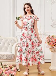 Teen Girl Vacation Retro French Floral Print Ruffle Hem Maxi Dress,Holiday,Summer,Travel - White - View 3