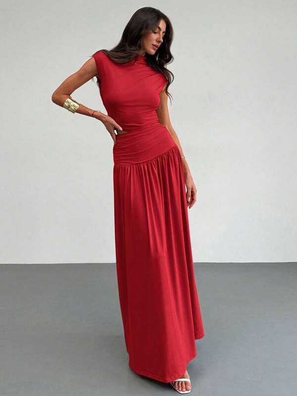 Aloruh New Elegant Stand Collar Ruched Slim Top&High Waist Long Skirt 2Pcs Outfit, Commute/Casual/Date