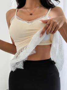 DAZY Áo ba lỗ hở vai tự đệm ren lãng mạn dành cho nữ - Màu be - Xem 4