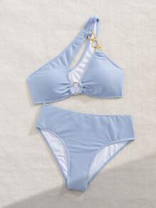 Swim SXY Conjunto de bikini de un solo color con abertura asimétrica, para el verano - Celeste - Ver 4