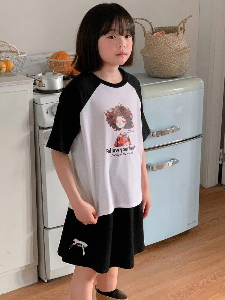 Girls Tween Girl Fashion Knit Printing Colorblock Raglan Sleeve Top + Knit Mini Skirt Set, Summer