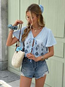 Serisse 女士度假休闲条纹花卉刺绣系带衬衫 - 彩色 - 查看 4