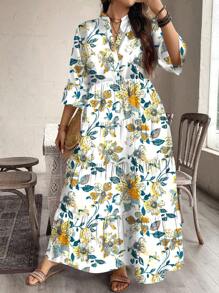 SHEIN LUNE Plus Size Elegant Floral Print Casual Dress, Suitable For Spring/Autumn,Beach Dress Sundress,Holiday Outfits Boho - Multicolor - View 4