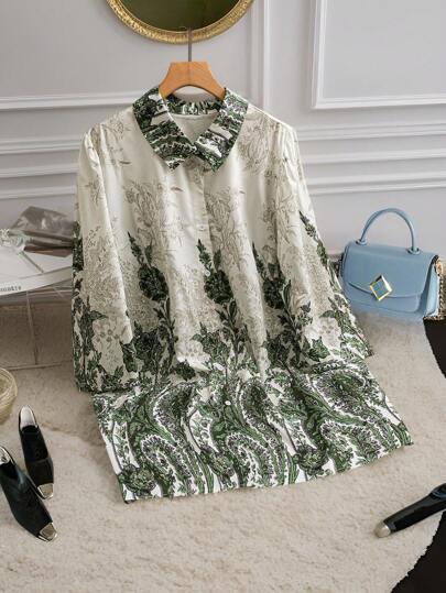 Lacomfia Plus Size Women Floral Print Lapel Long Sleeve Arabic Tunic Blouse