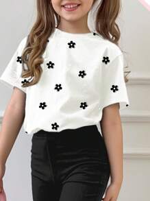 SHEIN Leap Crew 2pcs/Set Tween Girl Casual Simple Black & White Floral Short Sleeve Loose T-Shirt + Bell Bottom Pants Set, Suitable For Summer - Multicolor - View 3