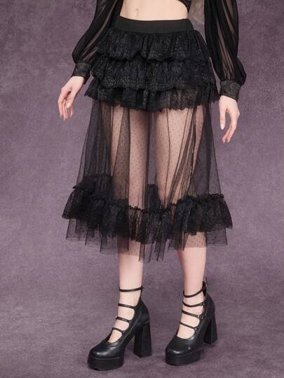Goth Jupe de bal en gaze multicouche à pois avec garniture de dentelle vintage, style princesse universitaire jupe semi-longue pour femmes
