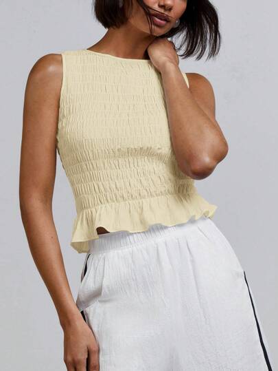 Athîral Camiseta de tirantes de mujer de unicolor con cuello redondo y volantes en el bajo para vacaciones