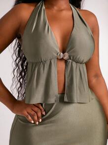 SHEIN SXY Plus Size Women 2pcs Set Summer Vacation, Metal Shell Clasp Decorative Halter Sexy Open Back Top & Fish Tail Maxi Skirt 2 Pieces Set, Suitable For Everyday Wear, Music Festival, Concert, Carnival Party, Beach Vacation, Date Night, Birthday, Bachelorette Party Outfit, Club, Cute, Casual, Shopping, Streetwear, Going Out, Easy To Match & Looks Slim, Accent Your Body, Flatter The Figure - Green - View 5