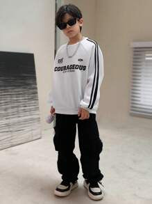 SHEIN 青少年男孩休闲韩版可爱字母印花袖子贴布圆领针织运动衫 - 白色 - 查看 6