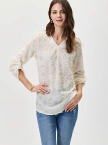 Miaspire Women's Autumn V-Neck Jacquard Cuff Sleeve Loose Casual Versatile Shirt