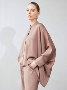 Aveloria Modichic Women's 2 Pieces Set High-Quality Satin Stand Collar Cape Design Shirt With Loose Straight Leg Pants,Shades Of Brown,Autumn,Chic,Lounge Fashion Suit - Khaki - View 3
