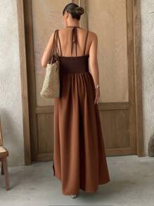 SHEIN VCAY Women's Long Dress,Coffee Brown,Summer,Casual,Vacation,Holiday,Spaghetti Strap,Sleeveless,Hollow Design,Fashionable,Music Festival,Modest Streetwear - Brown - View 2