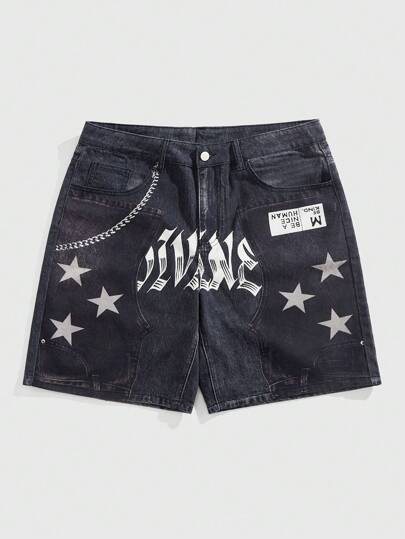 Street Life Men's Straight Wash Denim Shorts With Slogan Print, Casual Versatile Personalized Shorts
