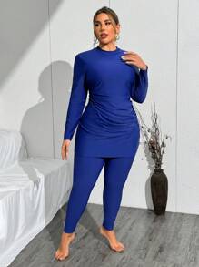 SHEIN Swim Curve 2pcs/Set Women Plus Size Solid Color Round Neck Long Sleeve Swimsuit Dress With Full Length Pants, Conservative Middle East Style Casual Beach Swimwear Set - Navy Blue - View 5