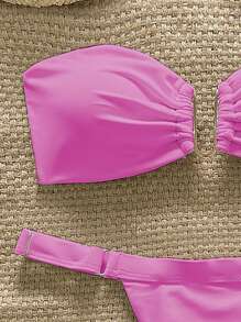 Swim Chiccia 女士海滩夏季服装 - Springbreak 纯色露肩金属装饰短款上衣和丁字裤比基尼套装 - 玫紅色 - 查看 3