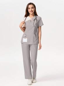 TaskEZ Contrast Color Block Short Sleeve Pants Scrub Uniform Set,Women Tops Summer Work Clothes Women Set Scrub Sets For Women Professional Clothes Women Sets Casual Sets For Women - Light Grey - View 6