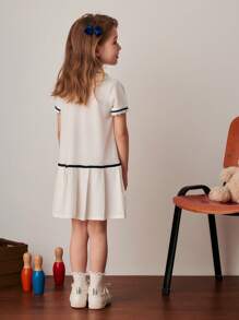 PrepCrw Young Girls Colorblock Ribbon Decor Polo Collar Pleated Hem Dress, College Style For Spring/Summer - White - View 2
