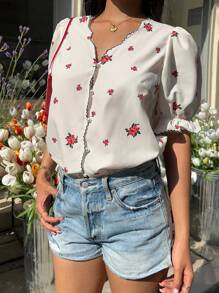 SHEIN Frenchy Women's Summer Vintage Off-White Floral Print Elegant Shirt,Tea Party Vacation Wave Trim Embroidery Bubble Sleeve Faux Pearl Button Loose Fit Tops - White - View 5