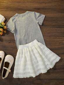 2pcs/Set Girls Casual Fashionable Butterfly Sequin Decor Short Sleeve T-Shirt Top And Ruffle Hem Cake Skirt, Summer